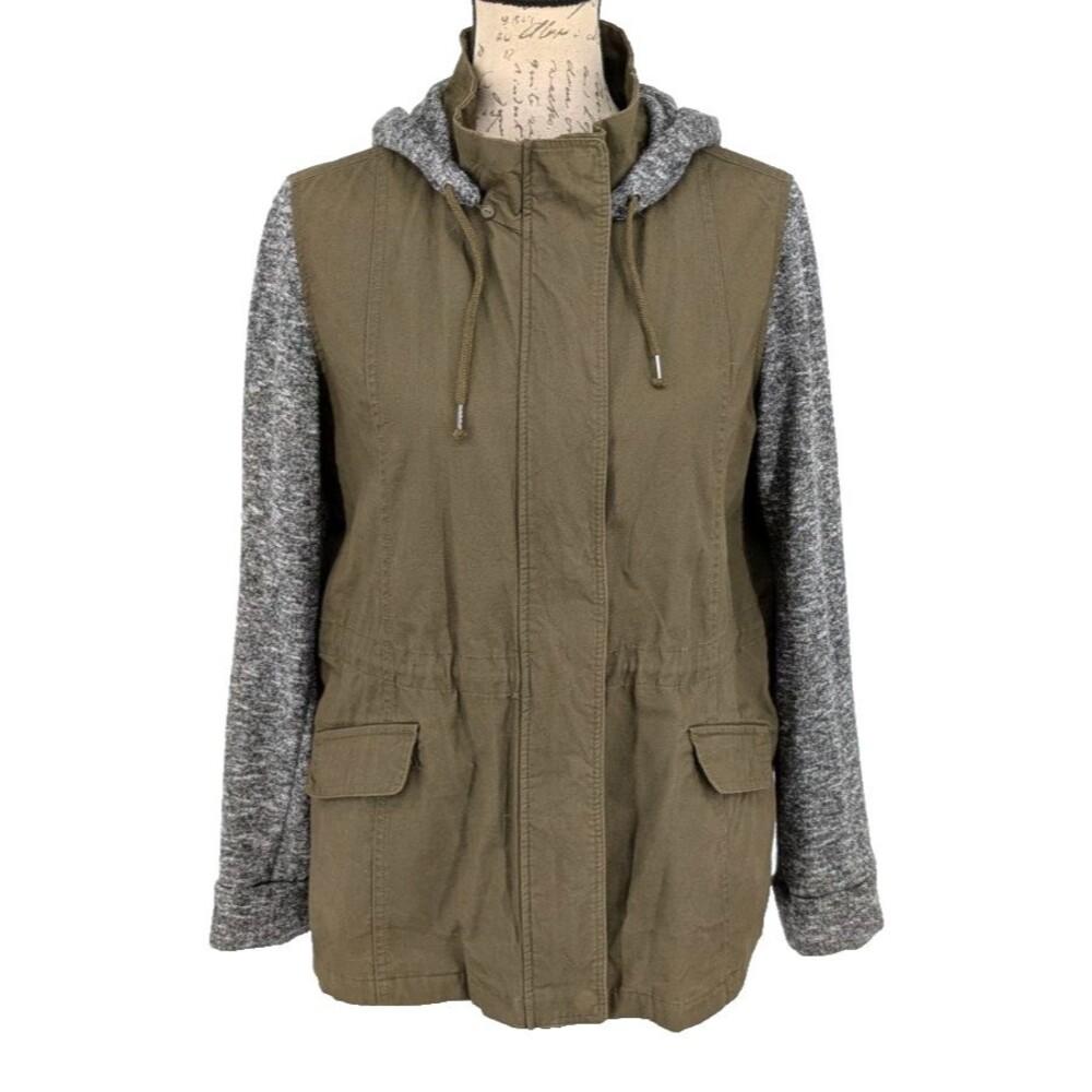 LE3NO Lightweight Jacket Large Olive Cotton Body Gray Knit Sleeves Hood Zip Up